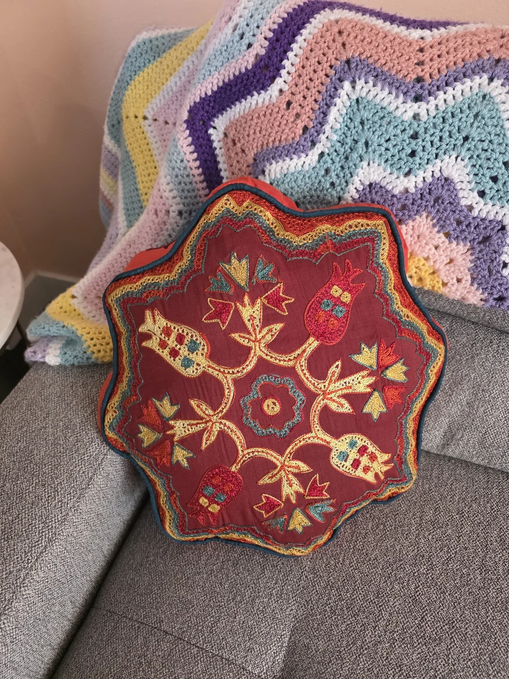 Vintage Red and Gold Embroidered Floral Accent Pillow